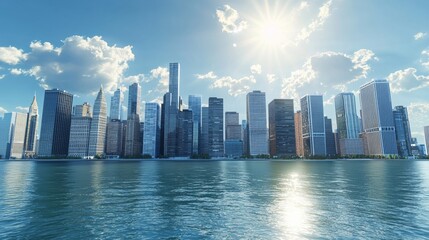 Fototapeta premium a Waterfront Downtown City Skyline with tall and short buildings, with a blue sky above it, day time, with sun glaring, full shot, high angle, ultra-realistic lighting, ultra high resolution, ultra de