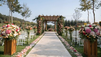 wedding arch with flowers in the garden on the ceremony