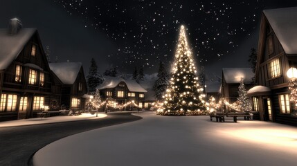Charming village at night blanketed in snow features a large, sparkling Christmas tree surrounded by warmly lit houses, creating a festive and cozy atmosphere for the holiday season