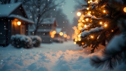 Snowy gold background winter lights. Christmas landscapes. New Year background. 