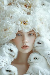 Naklejka premium beautiful woman with white peonies and white owl