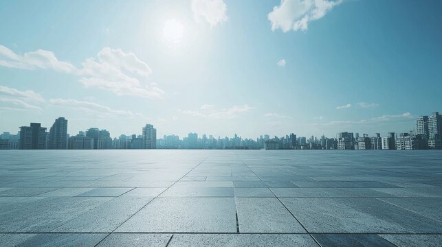 beautiful photo of view of a city from afar showing floor, low camera angle, clear sky with thin subtle clouds, early afternoon sky, natural bright outdoor lighting, cinematic, wide camera lens, super