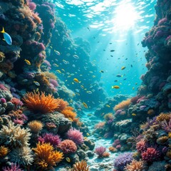 Close-up Caribbean coral reefs, vibrant hues, macro details.