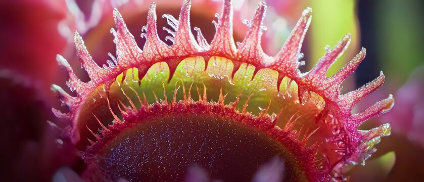 Carnivorous Venus flytrap interior, dramatic light revealing intricate trigger mechanisms, alien-like details
