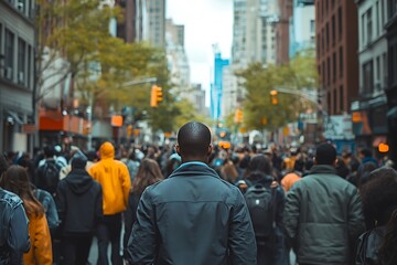 Man in Grey Jacket Walking Through Metropolis Crowd