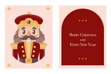 Christmas greeting cards with nutcracker figure and Merry Christmas and Happy New Year text. Vintage color palette, festive red and yellow