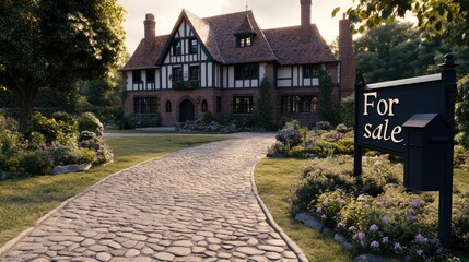 Fototapeta premium A delightful home with a well-maintained yard and inviting entrance stands prominently under the soft glow of evening lights, signaling its availability for prospective buyers