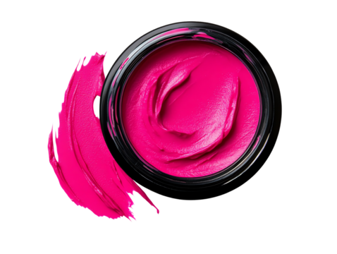 Bright pink cosmetic cream in a round jar with a colorful swatch.