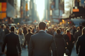 Man in Suit Walking Through Busy City Haze