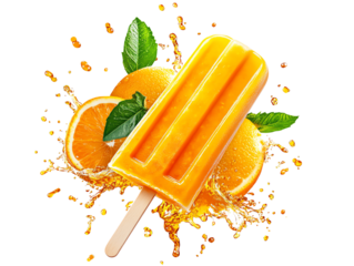 Delicious orange popsicle with splashes and fresh mint leaves.