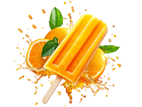 Delicious orange popsicle with splashes and fresh mint leaves.