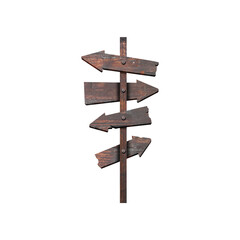 A weathered wooden signpost with multiple arrows indicating different directions.