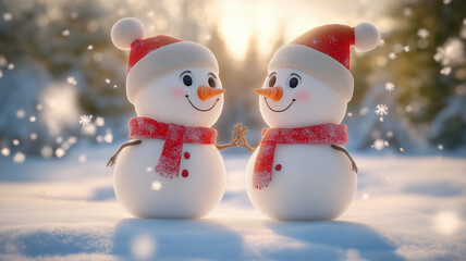 Obraz premium Two Cute Cartoon Snowmen in a Winter Forest Scene