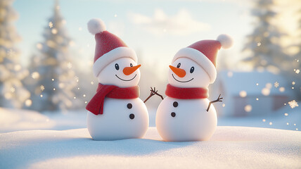 Obraz premium Two Cute Cartoon Snowmen in a Winter Forest Scene