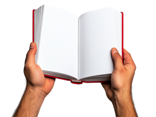Open book held in hands, ready for reading or writing, isolated on white background.