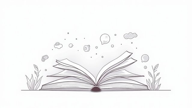 Language textbooks for bilingual education. Open book surrounded by pencils in a mug and stacked books, set against a whimsical background with stars and abstract shapes.