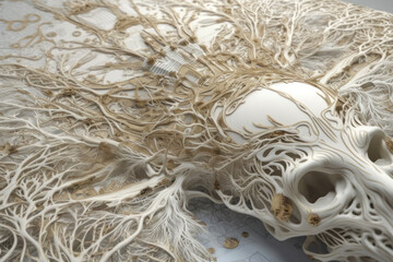 The abstract composition, done in light and cream tones, depicts complex interweaving of organic forms reminiscent of roots or the vascular system 