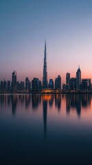 Fototapeta premium A minimalist cityscape captures a distant skyline against a dusky blue sky at twilight, where the city's lights reflect off a tranquil river, enhancing the mood of serenity and peace