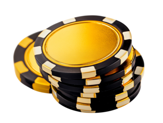 Stack of golden poker chips isolated on white background.