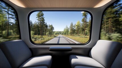 A serene view from a train window, showcasing a lush landscape with trees and a clear sky along the railway track.