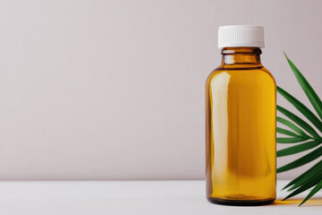 Amber glass essential oil bottle with white cap and tropical leaf on white table