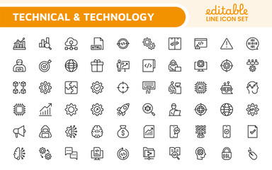 Technology and Development Icon Set. Modern and innovative icons tailored for tech apps and projects, perfect for showcasing development tools, software solutions, and cutting-edge technologies.