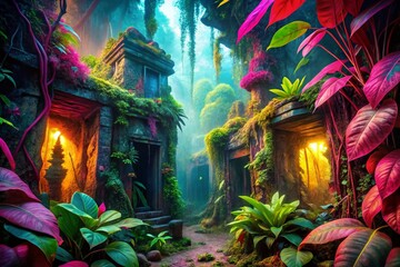 Vibrant Comic-Style Jungle Scene Featuring Neon Foliage, Mysterious Ruins, and Hidden Treasures in a Whimsical Adventure Setting