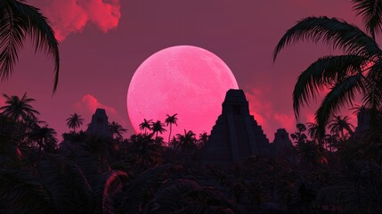 A vibrant sunset casts a pink hue over tropical mountains, framed by lush palm trees, creating a serene and mystical atmosphere.