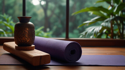 yoga mat and cozy environment for meditation