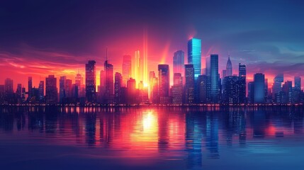 Picture of modern skyscrapers of a smart city, futuristic financial district with buildings and reflections , blue color background for corporate and business template with warm sun rays of ligh 