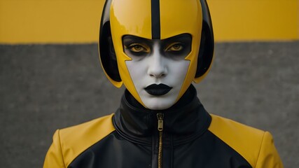 A futuristic portrait featuring a person with a bold and dramatic appearance. The subject is wearing a sleek yellow and black helmet with sharp, giving a robotic or cybernetic aesthetic