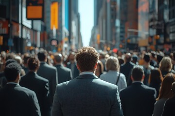 Man Walking Midtown Street Busy City Crowd, Blurred Background