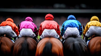 A vibrant capture of jockeys lined up in colorful outfits, set against a blurred backdrop, embodying the excitement and energy of horse racing events.