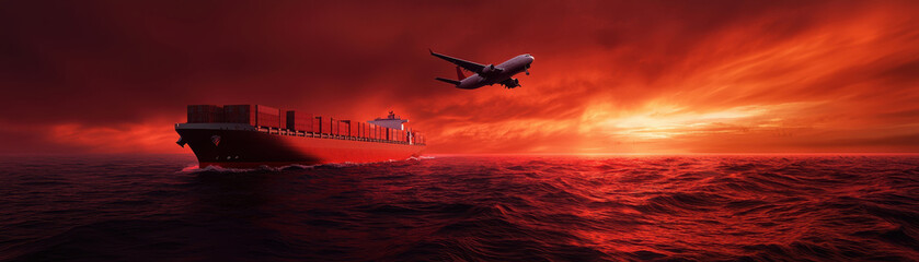 A dramatic sunset scene featuring a cargo ship on the ocean and an airplane flying overhead against a vibrant red sky.