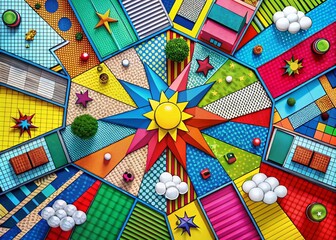 Obraz premium Vibrant Drone Photography of Colorful Comic Cartoon Pop Art Background Perfect for Creative Projects and Marketing Campaigns with Bold Patterns and Unique Designs