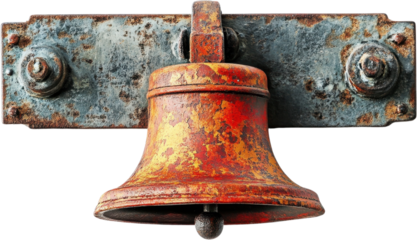 Rustic copper bell mounted on a weathered metal bracket with a transparent backdrop showcasing its rich texture and details