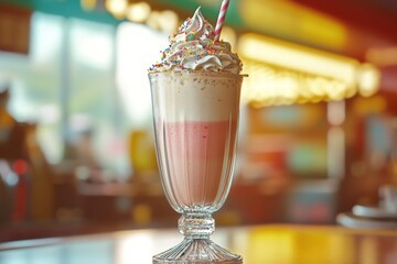 A colorful milkshake topped with whipped cream and sprinkles in a vintage glass.