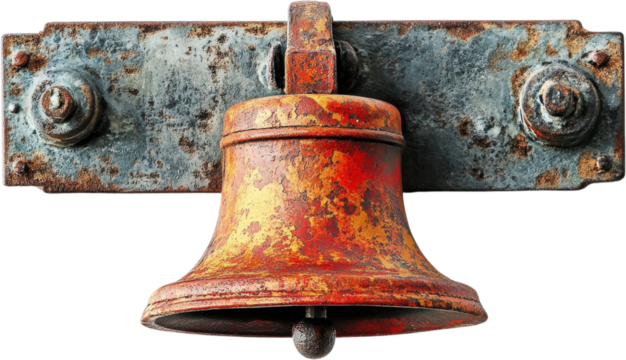 Rustic copper bell mounted on a weathered metal bracket with a transparent backdrop showcasing its rich texture and details