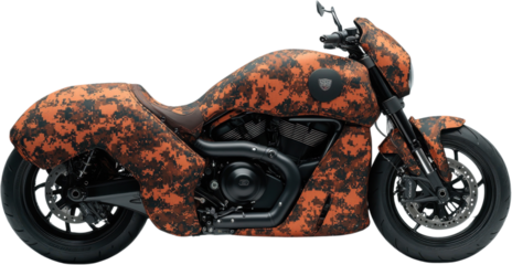 Custom motorcycle with camouflage design showcasing unique style and craftsmanship ideal for riders who appreciate individuality
