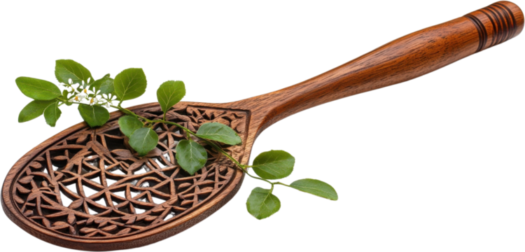 Exquisite wooden serving spoon with intricate carvings and fresh herbs showcasing culinary elegance and craftsmanship