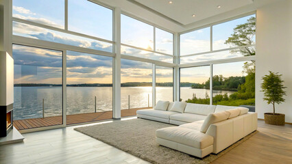 Minimalist home interior design of spacious modern living room with a sectional white sofa and large windows. A water lake outside of the windows. lovely sky. Nice carpet on floor.