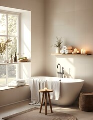 Modern design bathroom with bathtub and candles creating relaxing atmosphere