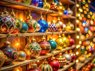 Naklejka premium Vibrant Festive Ornaments Brightening Shelves in a Cozy Holiday Setting with Twinkling Lights and Colorful Decorations for a Joyful Seasonal Atmosphere