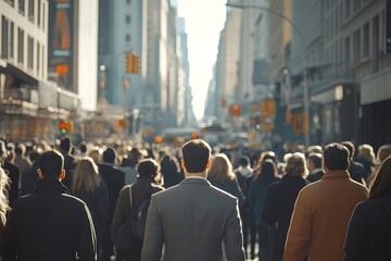 Metropolis Sunrise Man Walking City Street Rush Hour