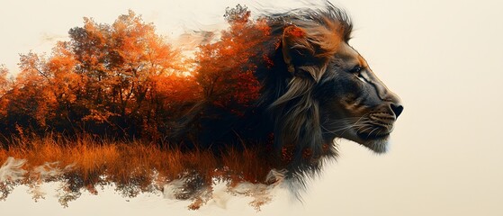 Majestic Lion with a Nature-Inspired Double Exposure, Combining the Grace of Wildlife and the Tranquility of Autumn-Filled Landscapes in a Stunning Artistic Representation