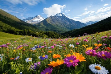 Fototapeta premium A lush, colorful flower field in the foreground contrasts beautifully with majestic snowy peaks and a clear blue sky, showcasing nature's incredible beauty and tranquility.