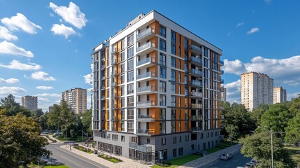 Modern apartment building with balconies and city view.