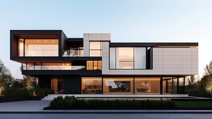 Fototapeta premium Modern two-story luxury house with large glass windows and minimalistic design in a suburban setting during dusk