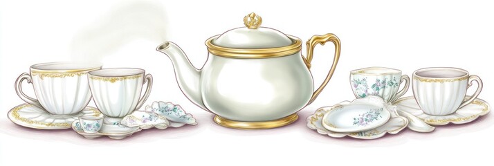 A decorative tea set featuring a teapot, cups, and plates, suggesting a tea party.