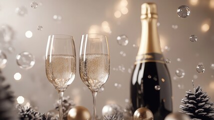 Luxurious 3D champagne scene with dynamic bubbles, elegant festive decor. Christmas, New Year's Eve